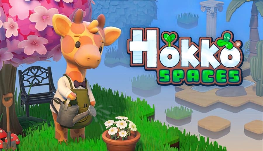 Hokko Spaces: Giraffe villager in overalls stands by potted flowers on grassy hill with pink blossoms and river.