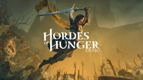 Hordes of Hunger: Female warrior leaps with sword over skeletal horde in dystopian landscape, amidst medieval chaos.