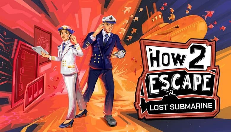 Young woman and man in white and blue naval uniforms stand firm, explosion, submarine, and fish in vivid colorful background.