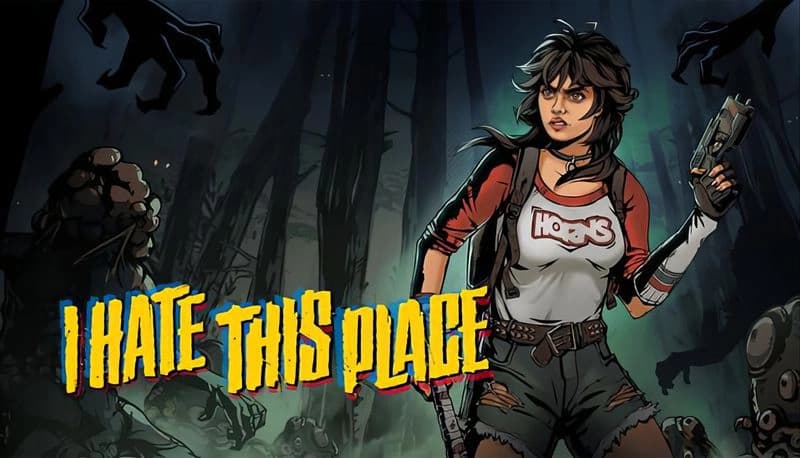 I Hate This Place: Young woman with pistol in ripped jeans surrounded by monsters and claws in a foggy, dark forest.