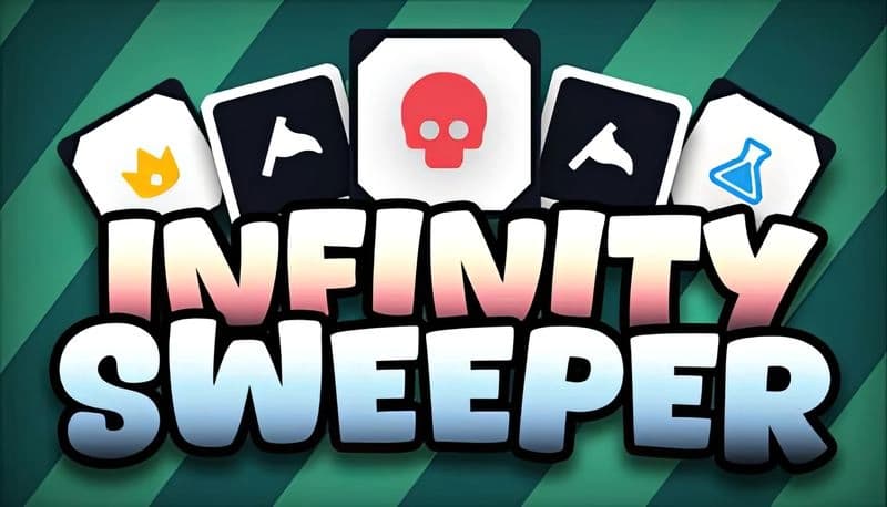 Infinity Sweeper: Colorful icons of skull, crown, flag, and flask on striped backdrop, bold gradient game title below.