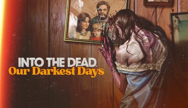Into the Dead: Female zombie figure stands in a dim wooden room, bleeding hand pressed against a cracked family photo.