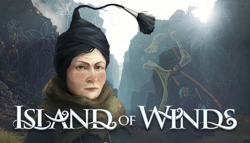 Island of Winds: Elderly woman in a black hat stands in front of rocky cliffs with carvings, under a cloudy sky.