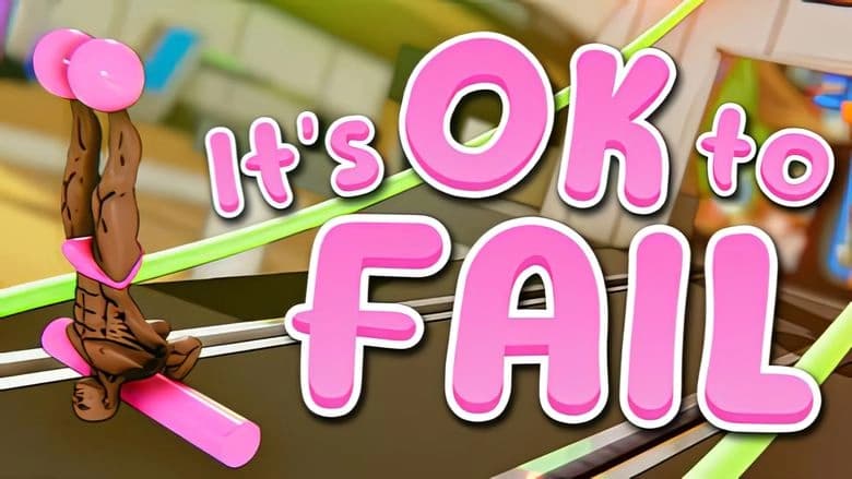 It's OK to Fail: Muscular man in pink briefs handstands on pink beam in vibrant abstract setting with colorful shapes.