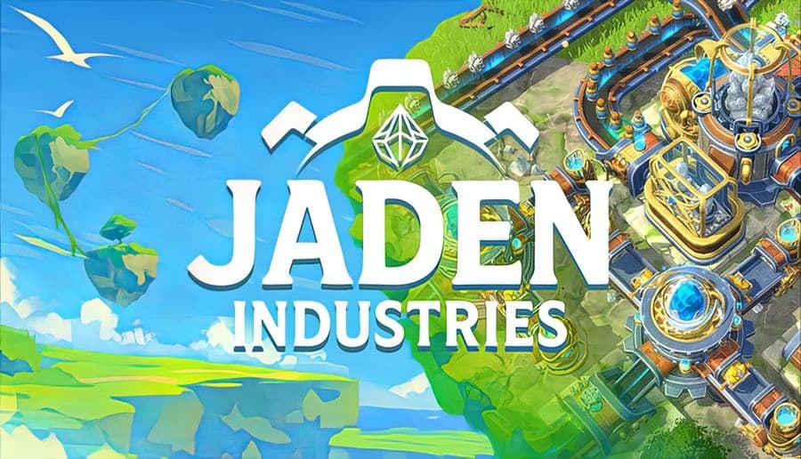 Jaden Industries: Complex factory structures on a floating island, lush greenery, and birds in the bright, clear sky.