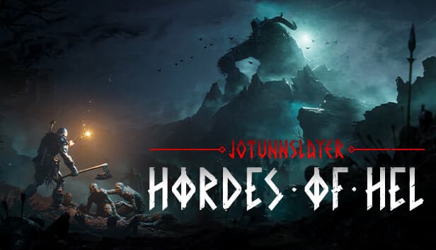Jotunnslayer: Warrior wielding glowing weapon confronts giant in shadowy mountainous nightscape, Norse myth setting.