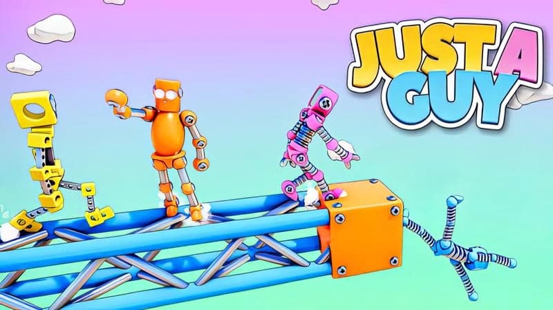 JUST A GUY: Four colorful robots balance on a blue beam in a pastel sky with clouds, one figure teetering off the edge.