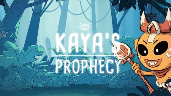 Kaya's Prophecy: Warrior with orange head and tribal mask holds spear, standing in lush jungle with tall trees and foliage.