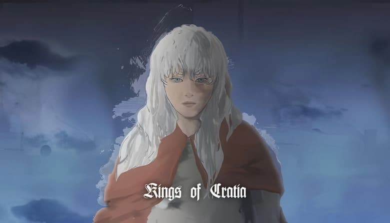 Kings of Cratia: Young woman with white hair and red cape stands against a cloudy blue backdrop, painted art style.