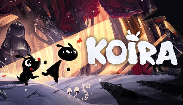 Koira: Cartoon dog and man play in enchanted forest with glowing trees and swirling leaves, under a vibrant, mystical sky.