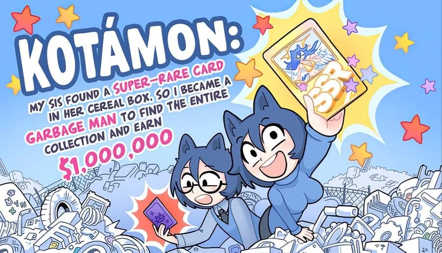 KOTAMON: Smiling blue mascot holds up a trading card and red card beside piles of trash under starry sky.
