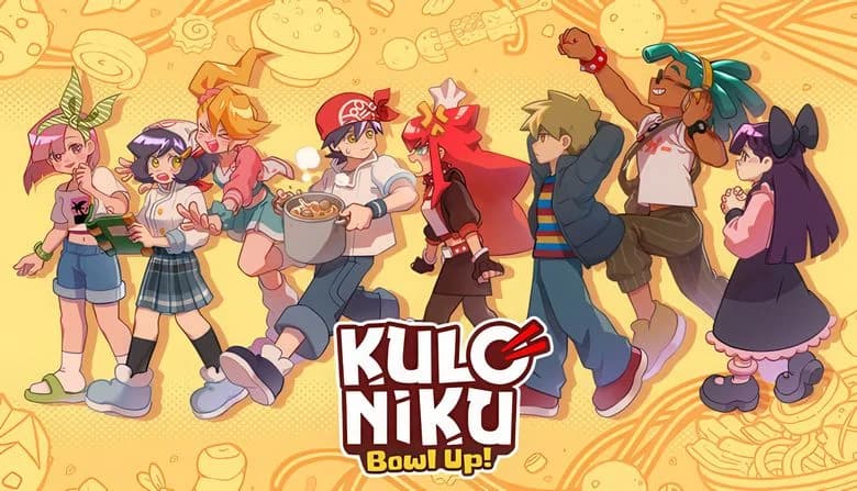 Eight diverse young characters walk energetically across a food-themed background; the boy in the center holds a cooking pot.
