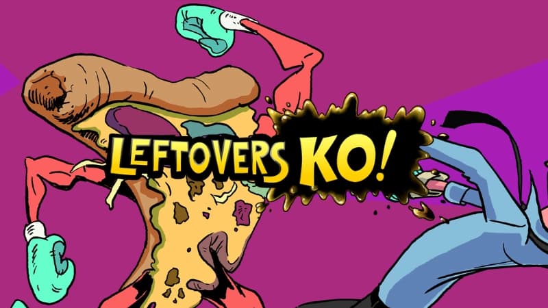 A slice of pizza with boxing gloves punches a person in a blue suit over a magenta background.