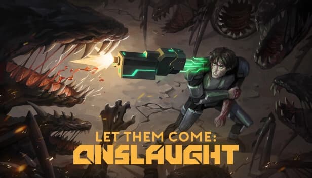 Young injured man in armor fires floating glowing assault rifle at snarling alien creatures with large sharp teeth.