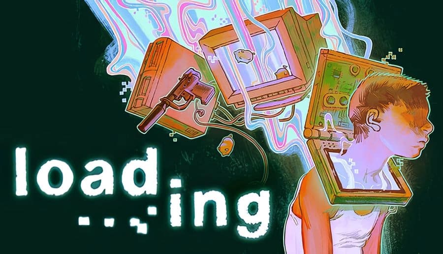 Loading...: young boy in side profile with floating book, cassette, and gun icons over a dark green background.