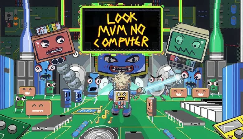 A computer person with wild hair shoots a beam in a lively, high-tech setting, surrounded by expressive, cartoonish machines.