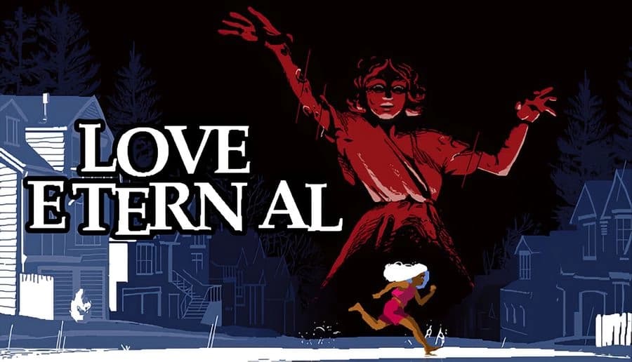 LOVE ETERNAL: Red-robed woman with open arms stands against a dark backdrop of silhouetted trees and house outlines.