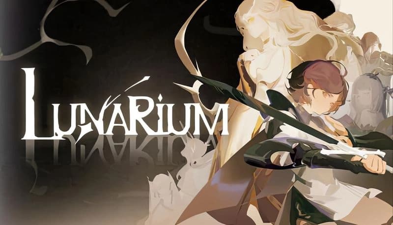Lunarium: Young female knight in light armor wields sword beside ethereal figure, set against a mystical fantasy backdrop.