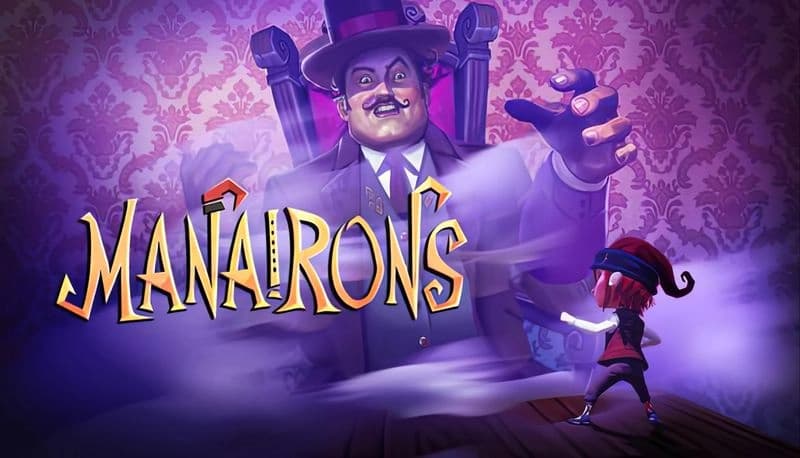 Manairons: Young girl confronts giant, sinister man in purple misty room with ornate wallpaper and looming presence.
