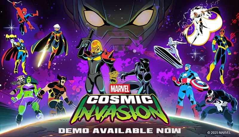 MARVEL Cosmic Invasion Demo: Superheroes in cosmic suits hover in space, ready for battle against a dark, looming robotic face.