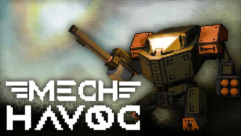 Mech Havoc: A mech with glowing visor wields a cannon in a pixelated sci-fi setting, ready for battle against automaton foes.