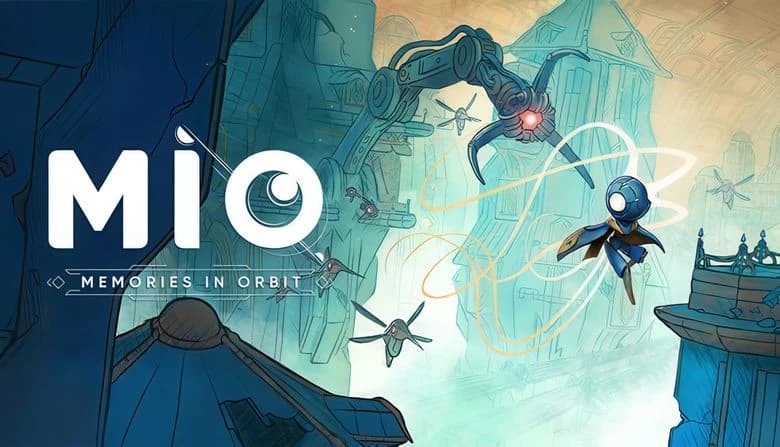 Android MIO in blue and gold flies through a futuristic, city-like environment with tall buildings and rogue machines.