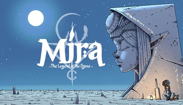 Mira and the Legend of the Djinns: A lone figure sits near a giant stone face under a moonlit sky in a desolate landscape.