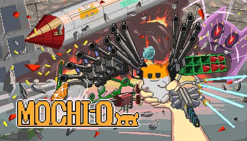 MOCHI-O Demo: Pixelated hamster with advanced cybernetic arms firing missiles in a chaotic mechanical environment.
