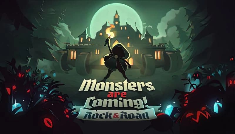 Monsters are Coming! Rock & Road: Hooded figure with torch before moving castle with wheels, moonlit forest, looming shadows.