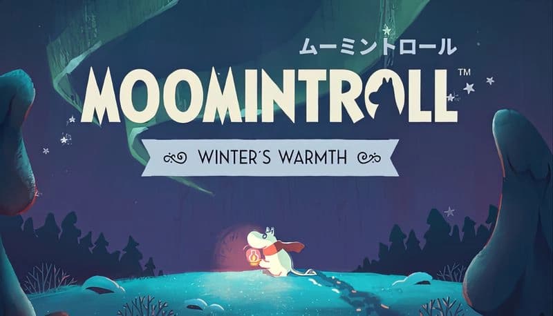 Moomintroll: Moomintroll holds a lantern, walking on snowy ground under northern lights, surrounded by dark trees and hills.