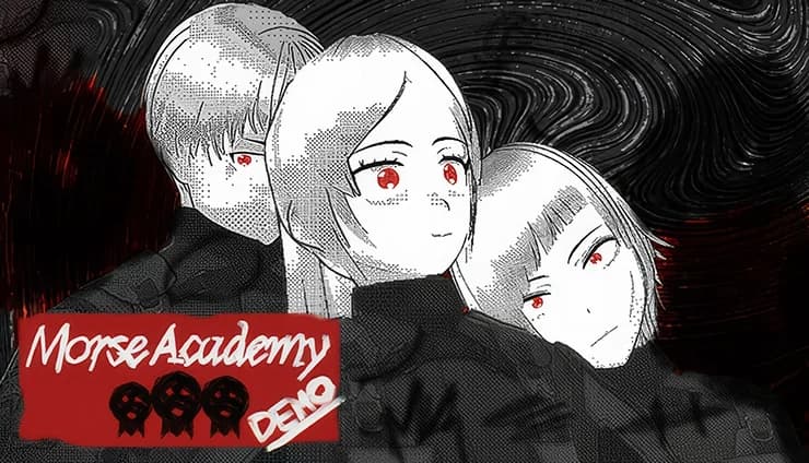 Three young characters in black covert attire with red eyes stand against a swirling dark background; a boy behind two girls.