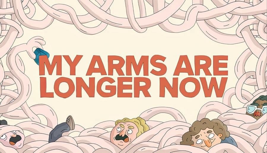 My Arms Are Longer Now: Long pink arms tangled above three scared men, with a blue sock and small robot on edges.