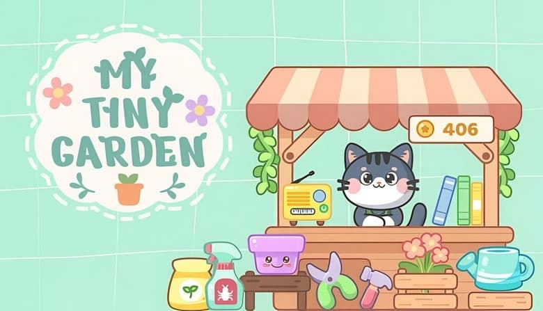 My Tiny Garden: Cartoon cat vendor in market stall with radio, books, plants, tools, and coins in cute pastel setting.