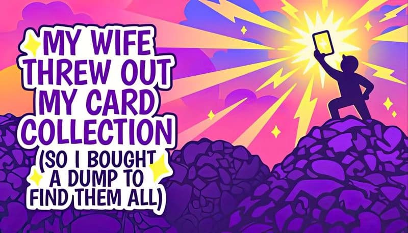 My Wife Threw Out My Card Collection (So I Bought a Dump to Find Them All) ⭐: Silhouette holds card atop trash heap at dawn.