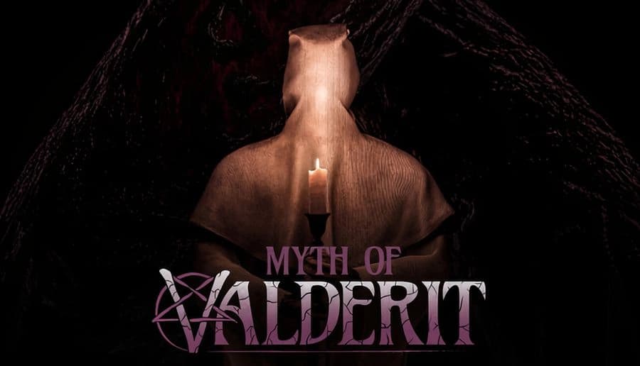 Myth of Valderit: Hooded figure holding candle in dark, eerie setting with twisted branches looming mysteriously.