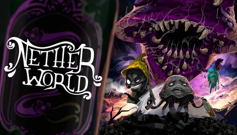 NetherWorld: Two eerie figures in front of a massive, toothy creature, set against a dark, swirling cosmic backdrop.