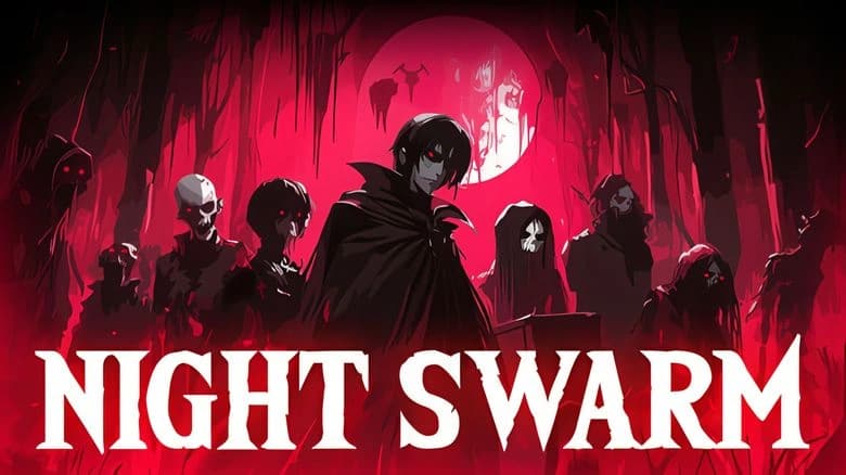 A young vampire stands with a cloak surrounded by shadowy figures in a red forest. A full moon illuminates the scene.