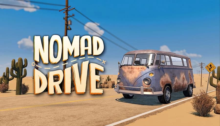 Nomad Drive: Rusty blue camper van parked on desert highway beside cacti, power lines, and road signs under blue sky.