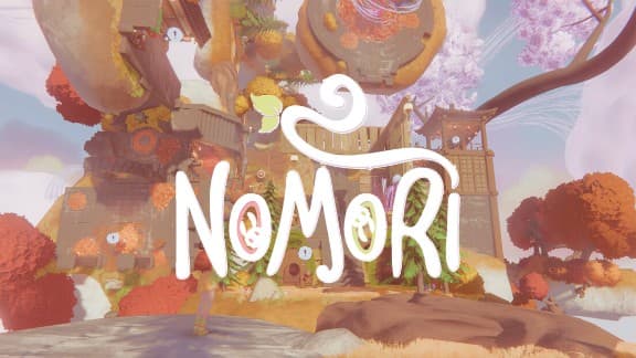 Nomori: Floating islands with vibrant autumn trees and ornate Asian-inspired structures in a fantasy landscape.