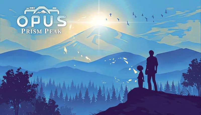 OPUS: Silhouetted adult and child stand on hill, overlooking vast mountain landscape and birds under a bright sky.