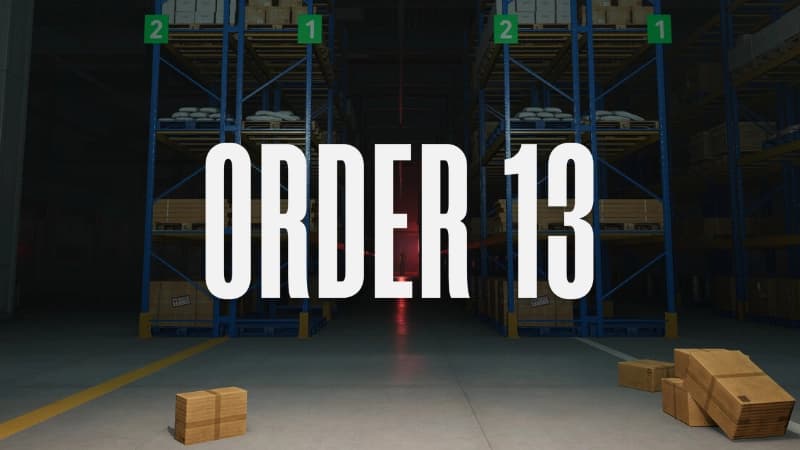 A dimly lit warehouse filled with stacked cardboard boxes on shelving units, creating an industrial scene.