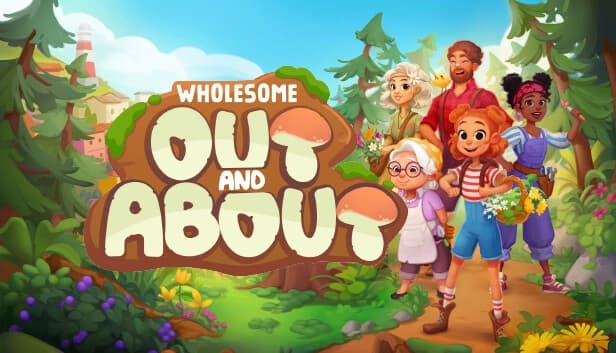 Group of five diverse characters in a colorful forest; two women hold flowers, smiling warmly.