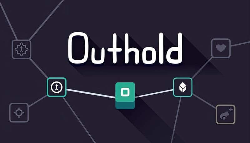 Outhold: Geometric shapes connected by lines form a network on a dark background, with icons representing various themes.
