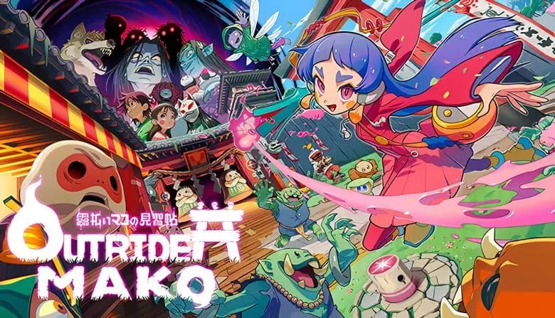 Young girl with blue hair in a vibrant red outfit throws pink goo in a bustling market, surrounded by quirky creatures.