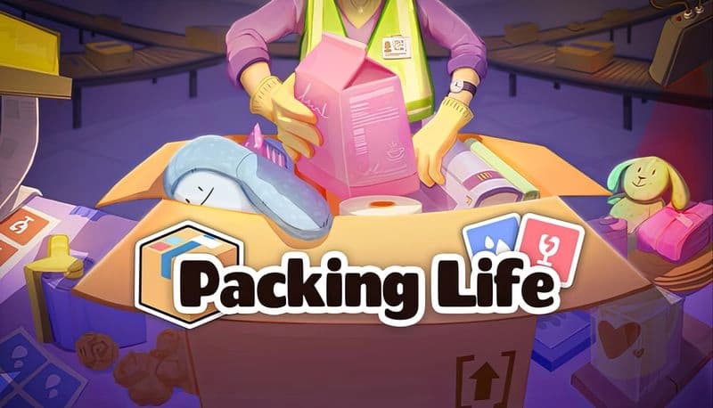 Packing Life: A worker packs a box with plush toys, bottles, and cartons in a cozy warehouse with wooden shelves.