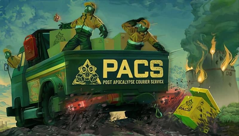 PACS - Post Apocalypse Courier Service: Three couriers in gas masks unload boxes from a truck in a fiery wasteland.