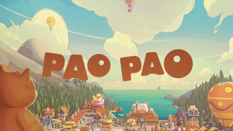 A bear gazes over a colorful village with mountains and a scenic view of hot air balloons in the sky.