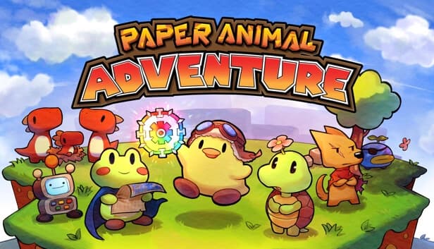 Cartoon animals on a grassy hill, including a chicken in goggles, a turtle, a fox, and dinosaurs in vibrant colors.
