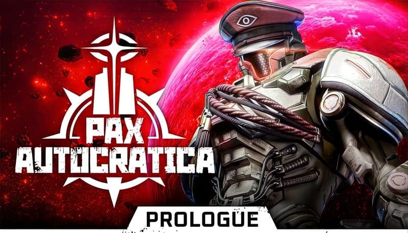 Pax Autocratica: Armored soldier stands against fiery red planet backdrop, gear detailed with cables and metallic armor.