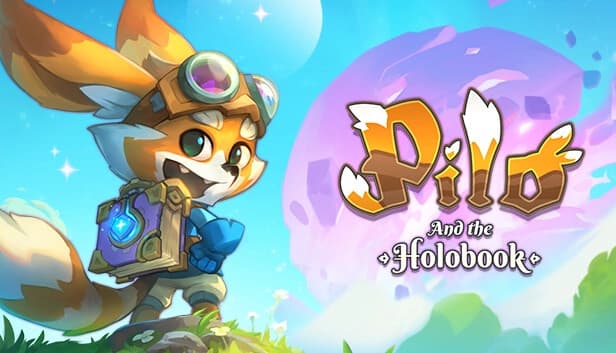 Young fox with goggles and sticker book backpack on grassy hill, smiling under starry sky, facing purple planet.